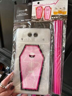 Celebrate It Pink Skeleton Coffin Drink Pouches with Pink Straws